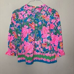 Lilly Pulitzer Pink and Blue Floral Blouse High Neck Ruffles Size XS